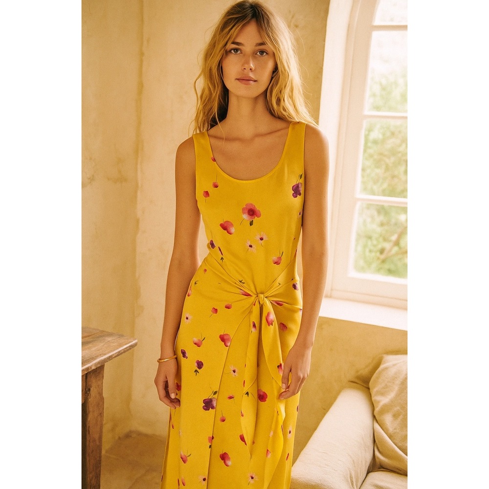 Flora Kung Dress Sleeveless‎ Floral Yellow Silk Midi Chiffon Tie Front Layer
